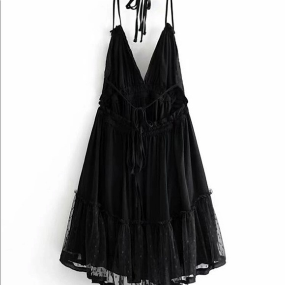 Boho Gypsy Mini Dress Black Sheer Dot Halter Tier - Picture 8 of 14